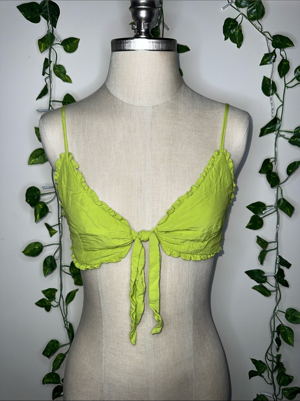 Garage Tie Front Lime Green Ruffled Spaghetti Adjustable Strap Top